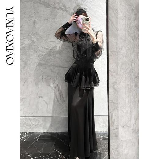 余潇潇【爱丽丝夜曲】蕾丝波点长袖镂空衬衣&高级层次感高腰半身裙 商品图0