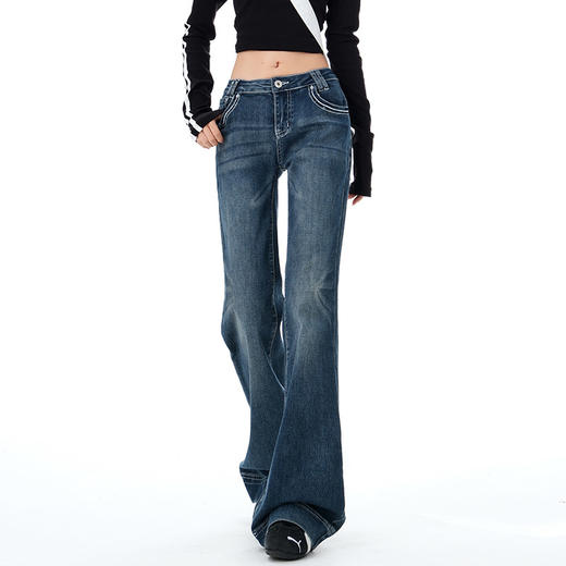 罗蒙女士低腰牛仔裤深蓝色复古辣妹显瘦设计感拖地微喇叭百搭修身裤子女 商品图1