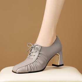 【预售5天】复古英伦系带真皮粗跟深口单鞋女春秋新款方头高跟鞋女HY&H3726