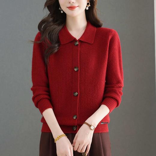 tbrk-7788秋冬新款女士翻领针织开衫 玫红色修身显瘦百搭单排扣长袖上衣 商品图1