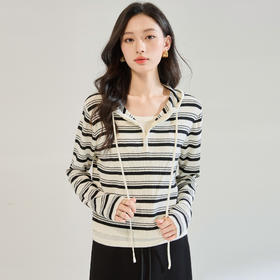 「高货sh」全新升级【铂金会员201/天猫269/差价68】(52720)洛诗琳羊毛混纺条纹连帽针织上衣2025秋季假两件减龄帽衫
