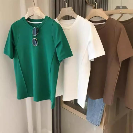 【清仓款 不退换】好品质推荐！一定要入手！2025小众设计感两侧压线丝光棉圆领短袖T恤女 商品图2