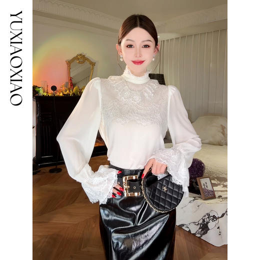 余潇潇【费罗里达花径】简约拼接镂空蕾丝花纹牙签褶工艺立领上衣 商品图0
