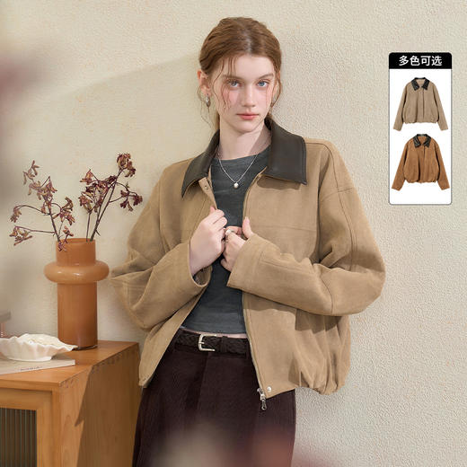 西遇美式复古麂皮外套女秋季新款美拉德撞色翻领休闲夹克外套H0055234 商品图0