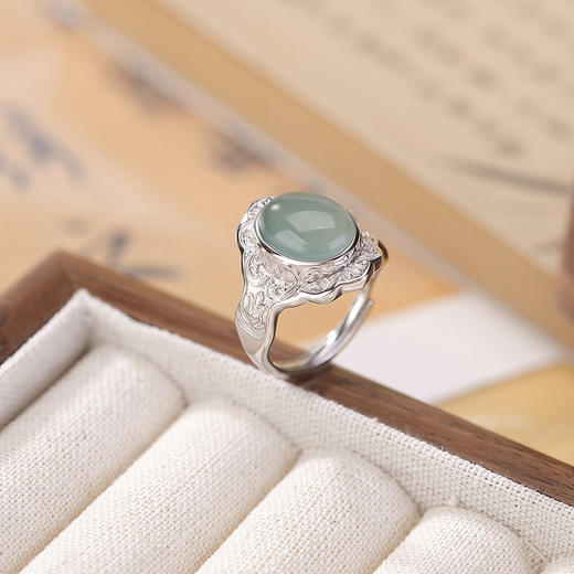 【富贵莲华】S999足银蓝水翡翠莲花纹蛋面戒指【CW-JZ06866】 商品图2