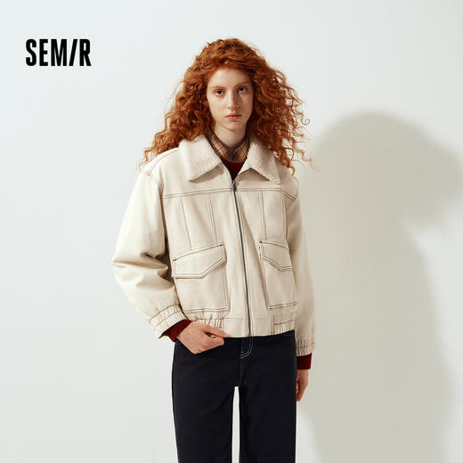 森马牛仔外套女冬季仿羊羔毛翻领夹棉宽松2025新款潮酷工装风夹克 商品图0