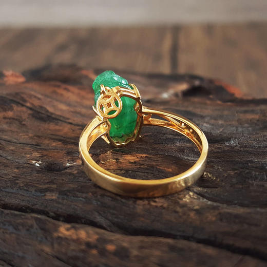 【天然正品】A货翡翠AU750黄金镶天然细腻冰种瑞兽满绿翡翠戒指17号（戒圈可改）女士230925NJM27现售价：2980 商品图2