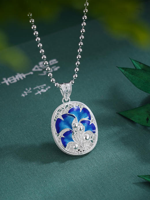 子佩集S990银【银杏寄情】情侣套链项链【DSDZ005】原创作品花丝珐琅彩双面吊坠2509 商品图5