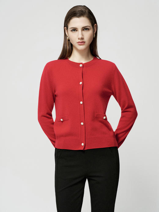 【半价款羊绒开衫】羊绒世家秋冬新品女士100%山羊绒纯色百搭红色外套 商品图0