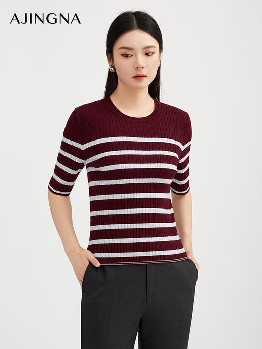 【商场同款】阿菁娜秋季新款复古条纹针织衫女坑条显瘦上衣 五分袖圆领宽松套头毛衣A30Q301021 商品图2