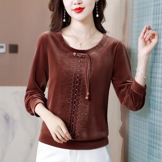 KQL 356H9239新中式国风金丝绒烫钻打底衫气质小衫 商品图2
