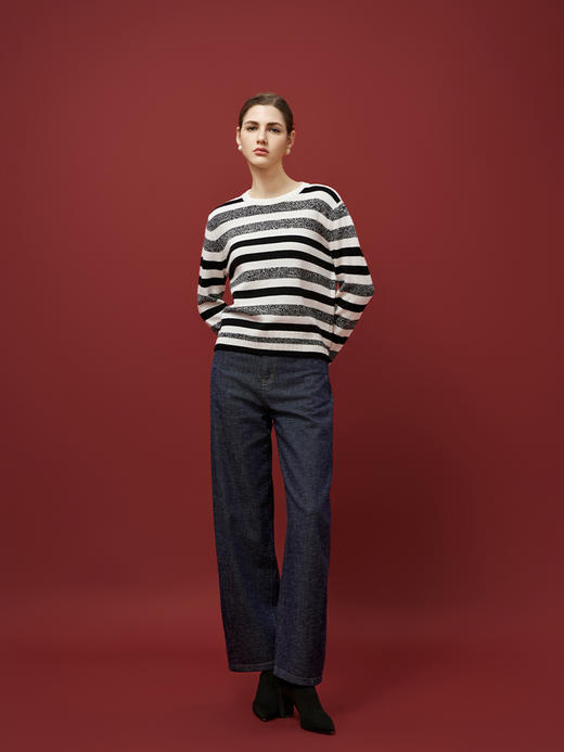 【条纹羊绒套衫】羊绒世家秋冬新品女士100%山羊绒圆领套衫舒适保暖毛衣 商品图2