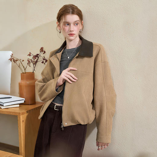 西遇美式复古麂皮外套女秋季新款美拉德撞色翻领休闲夹克外套H0055234 商品图3