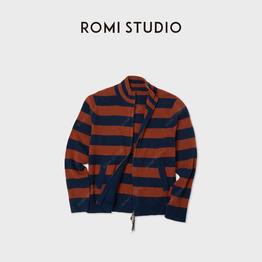 ROMI STUDIO“秋日絮语”7针绵羊毛双面条纹橙蓝毛织外套RWCASY5940 商品图2