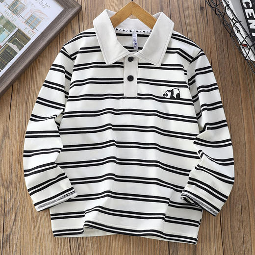 秋款110-170翻领条纹简约95%棉男童T恤衫 商品图3
