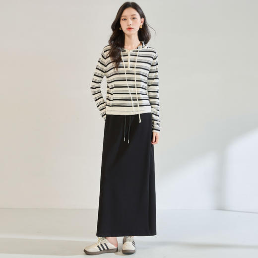 「高货sh」全新升级【铂金会员201/天猫269/差价68】(52720)洛诗琳羊毛混纺条纹连帽针织上衣2025秋季假两件减龄帽衫 商品图4