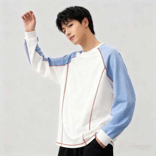 Schenvega 撞色拼接落肩长袖T恤卫衣/插色领长袖T恤卫衣 柔软舒适 修饰身形 4色可选 商品图11