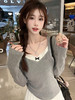 【德绒面料❗蕾丝保暖上衣】秋冬新款灰色高级感，方领纯欲百搭，德绒打底保暖，假两件花边拼接，长袖女上衣秋冬修身显瘦打底T恤女潮QQ 商品缩略图2