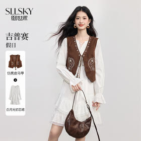 【09/26新品】熙世界【旷野嬉皮】仿麂皮马甲白色连衣裙女士秋季旅游穿搭一整套