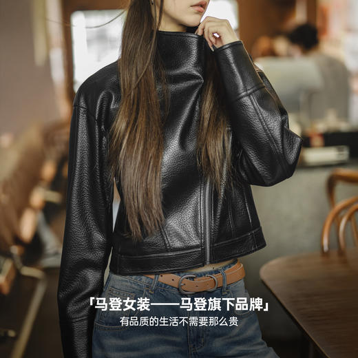 马登美式荔枝纹黑色短款斜拉链立翻领机车服PU皮衣夹克外套女士秋 商品图4