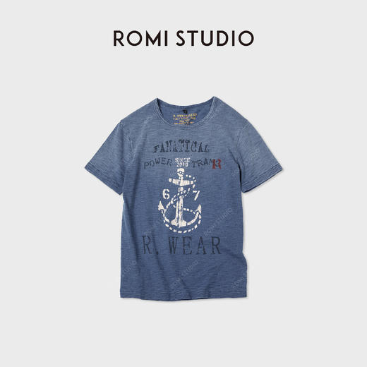 ROMI STUDIO“航海记述”特染竹节棉复古蓝印花短袖T恤RWCAST6257 商品图0