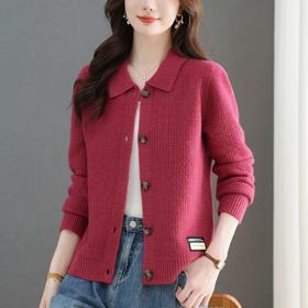 tbrk-7788秋冬新款女士翻领针织开衫 玫红色修身显瘦百搭单排扣长袖上衣