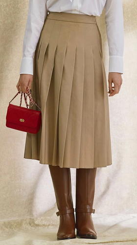 23区日系秋季通勤宽松版棉混纺百褶半身裙过膝中长半裙商场同款