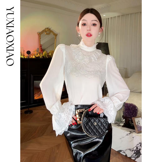 余潇潇【费罗里达花径】简约拼接镂空蕾丝花纹牙签褶工艺立领上衣 商品图4