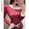 余潇潇【温柔丹霞】复古花纹精致撞色弹力蕾丝烫钻修身假俩件上衣 商品缩略图0
