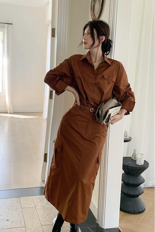 Le Malene 焦糖翻领衬衣半裙套装 18653 商品图1