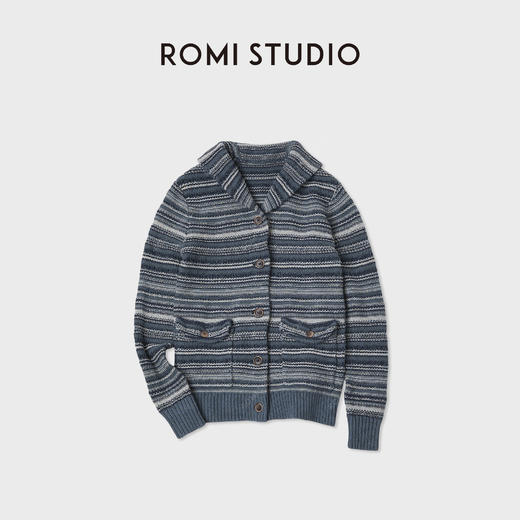 ROMI STUDIO"法风条纹"手工挑边蓝调棉麻复古条纹开衫RWCAST6105 商品图0