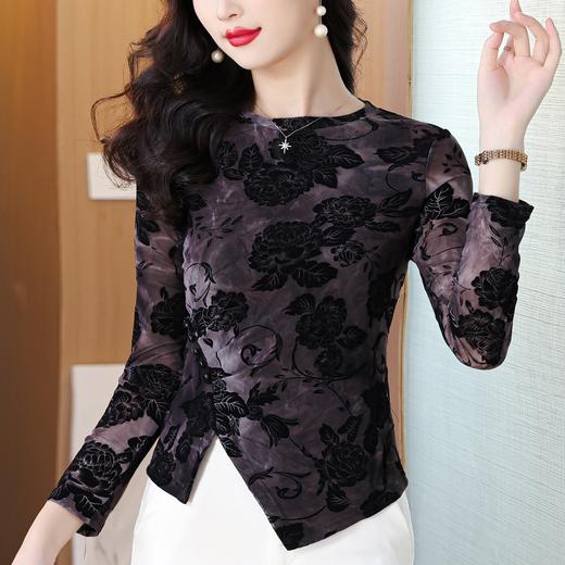 KQL 355H8313圆领植绒网纱长袖T恤不规则修身显瘦小衫 商品图1