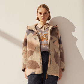 谜底花色大衣长袖2025年冬季新品复古提花大廓形连帽女254MD1650