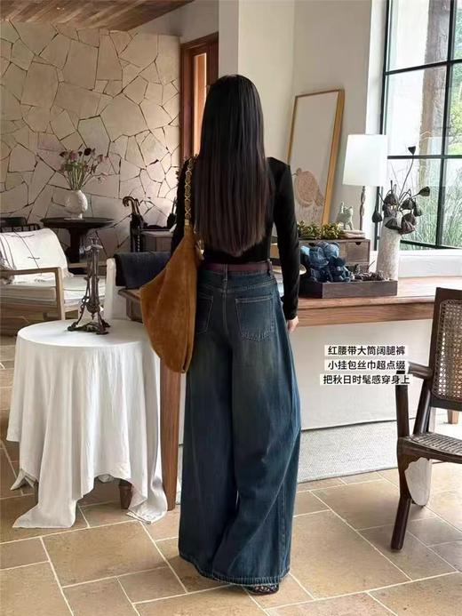 【爆款牛仔】2025秋季新品～25019红腰带大腿脚甩甩裤高腰显瘦阔腿裤-喜出 商品图4