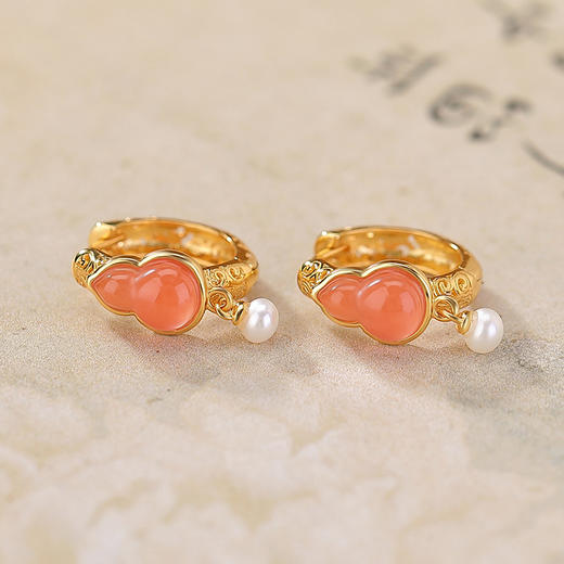 【福禄长乐】S925纯银镀金水红珍珠葫芦卷草纹耳环【CW-EJ00666】 商品图1