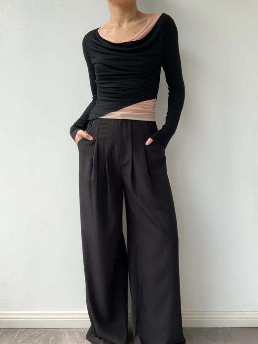 SIJIA｜AW2539 黑拼色网纱荡领上衣 商品图1