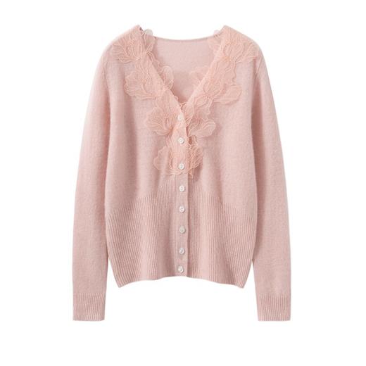 「高货qj」全新升级【铂金会员330/天猫439/差价109】(04623)洛诗琳设计感羊绒开衫2025秋冬气质V领蕾丝花边针织开衫 商品图4