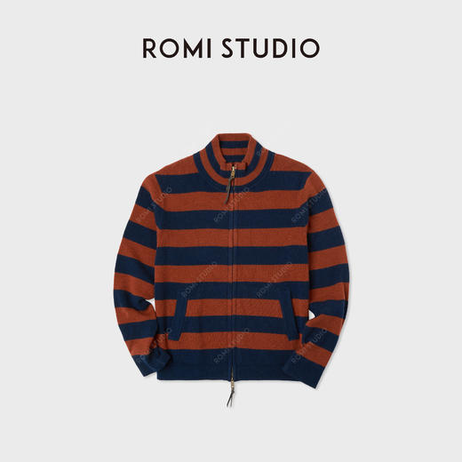 ROMI STUDIO“秋日絮语”7针绵羊毛双面条纹橙蓝毛织外套RWCASY5940 商品图1