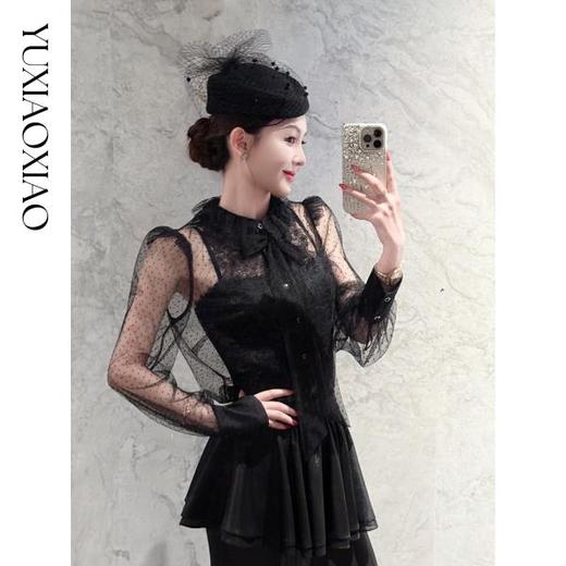 余潇潇【爱丽丝夜曲】蕾丝波点长袖镂空衬衣&高级层次感高腰半身裙 商品图3