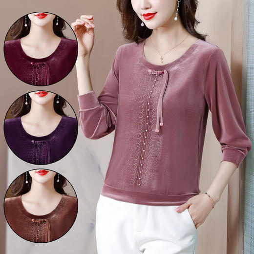 KQL 356H9239新中式国风金丝绒烫钻打底衫气质小衫 商品图0