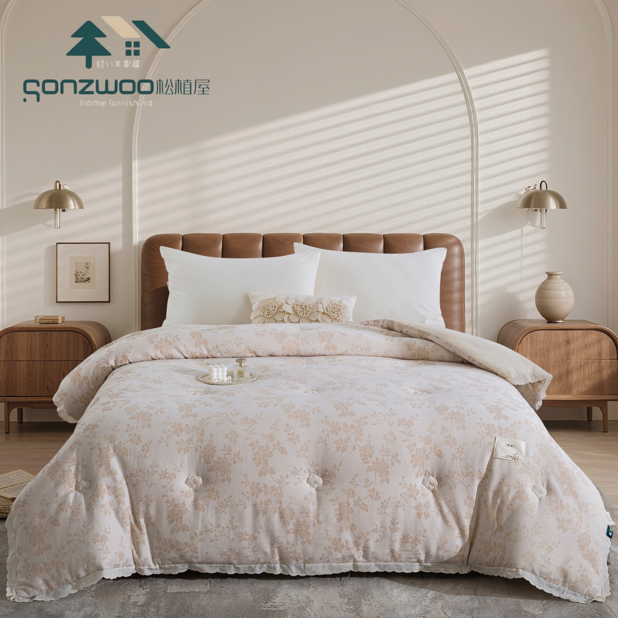 松植屋秋冬双人麻理棉花被 100%新疆长绒棉填充 蓬松透气