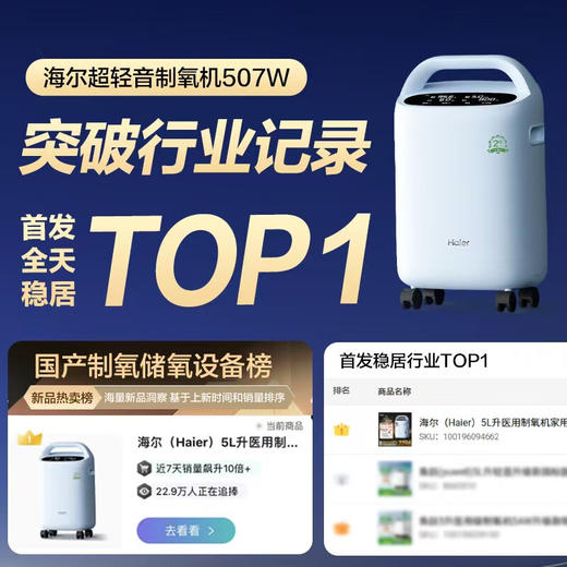 海尔（Haier）5L升制氧机家用老人医用级吸氧机孕妇呼吸雾化超轻音507W 商品图1