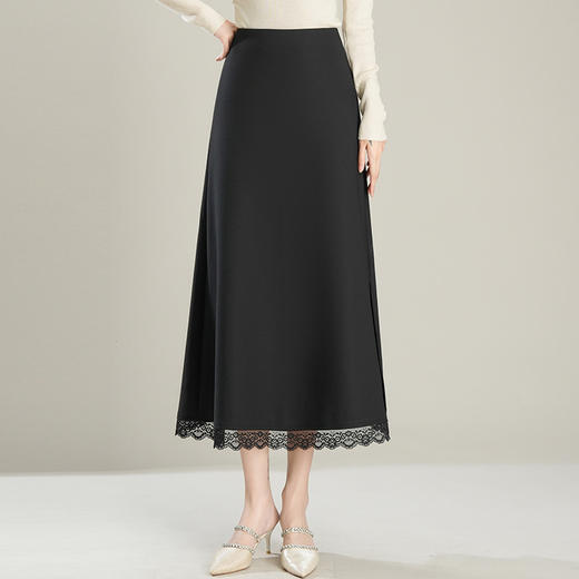 「初秋福利优雅半身裙」洛诗琳新款气质蕾丝边松紧腰半身裙2025年秋季新款前后两穿中长款A字裙65853 商品图1