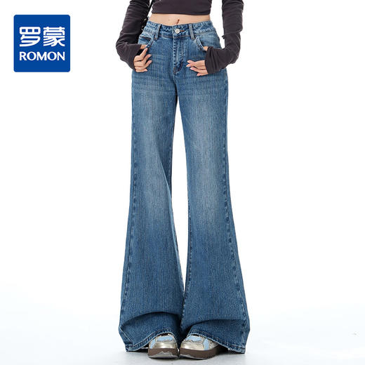 罗蒙秋冬女士牛仔裤复古微喇牛仔裤显瘦垂感拖地长裤 商品图0