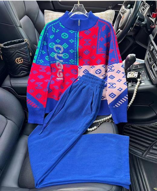 丁摩 蓝色休闲运动套装女秋装高端印花针织开衫长裤搭配两件套5ZF-8283 商品图1