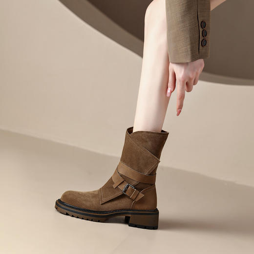 【预售5天】法式复古皮带扣慵懒风西部牛仔靴秋冬季新款绒面侧拉链沙漠靴女MX&mx22-095 商品图5