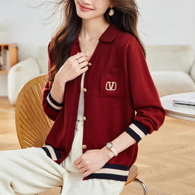 法式polo翻领长袖羊毛针织开衫，洋气宽松显瘦毛衣外套上衣CC-27-25120