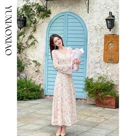 余潇潇【梦境花神】浪漫拼蕾丝花边花卉印花高弹力长袖收腰连衣裙