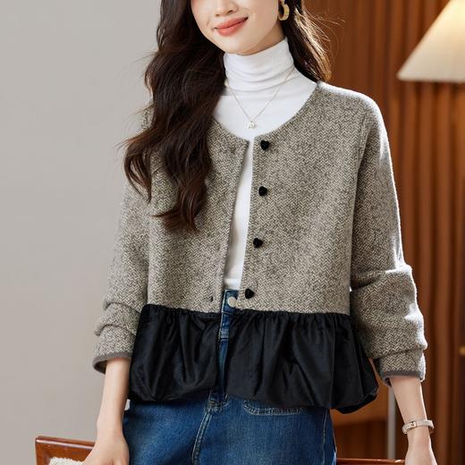 QD22-27532025年秋季新款小香风拼接针织开衫女撞色圆领显瘦毛呢高腰外套女 商品图0