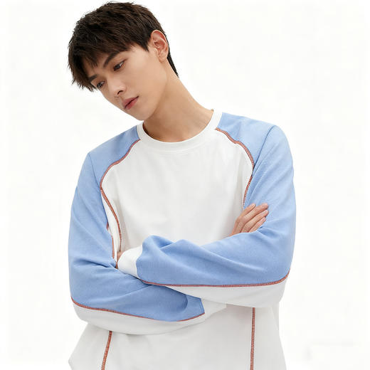 Schenvega 撞色拼接落肩长袖T恤卫衣/插色领长袖T恤卫衣 柔软舒适 修饰身形 4色可选 商品图5